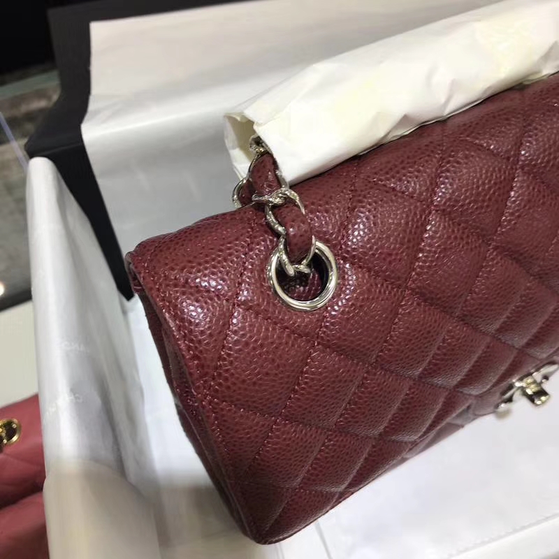 香奈儿 CHANEL Classic Flap Bag  进口鱼子酱 25cm 酒红 银扣 客订出货 少量现货