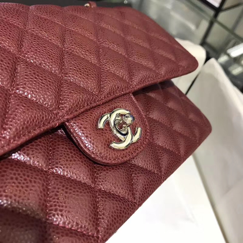 香奈儿 CHANEL Classic Flap Bag  进口鱼子酱 25cm 酒红 银扣 客订出货 少量现货
