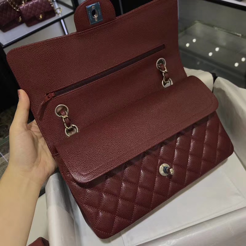 香奈儿 CHANEL Classic Flap Bag  进口鱼子酱 25cm 酒红 银扣 客订出货 少量现货
