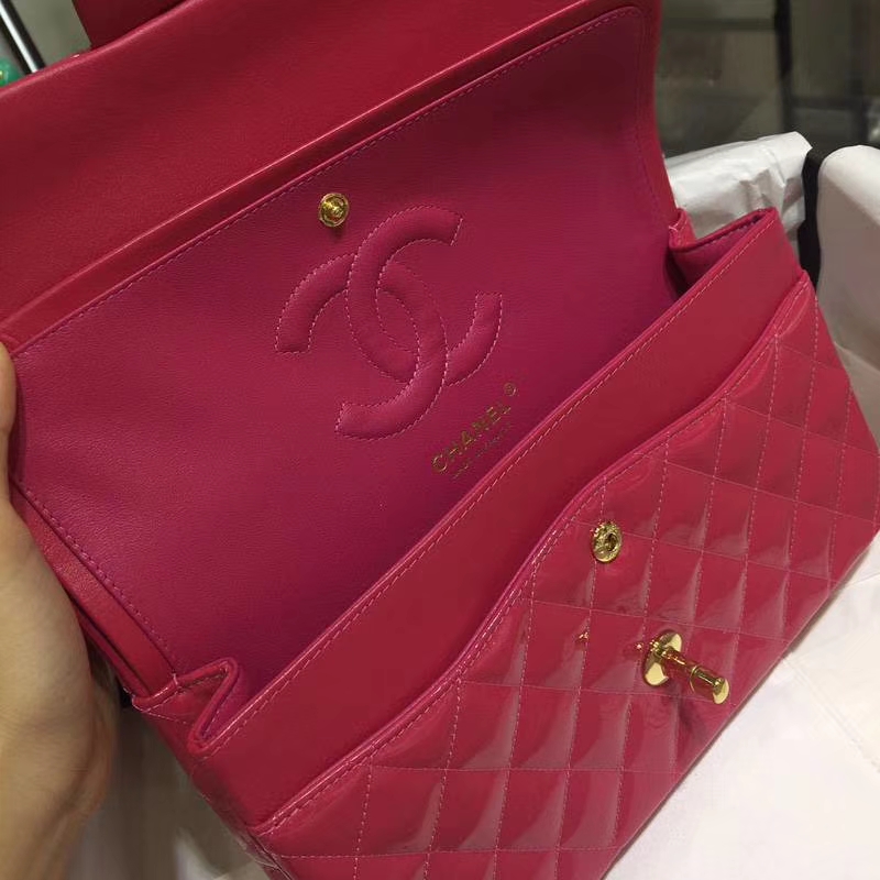 Chanel 香奈儿 Classic Flap Bag  进口漆皮 25cm 感受细节 感受工艺 玫红色 金扣