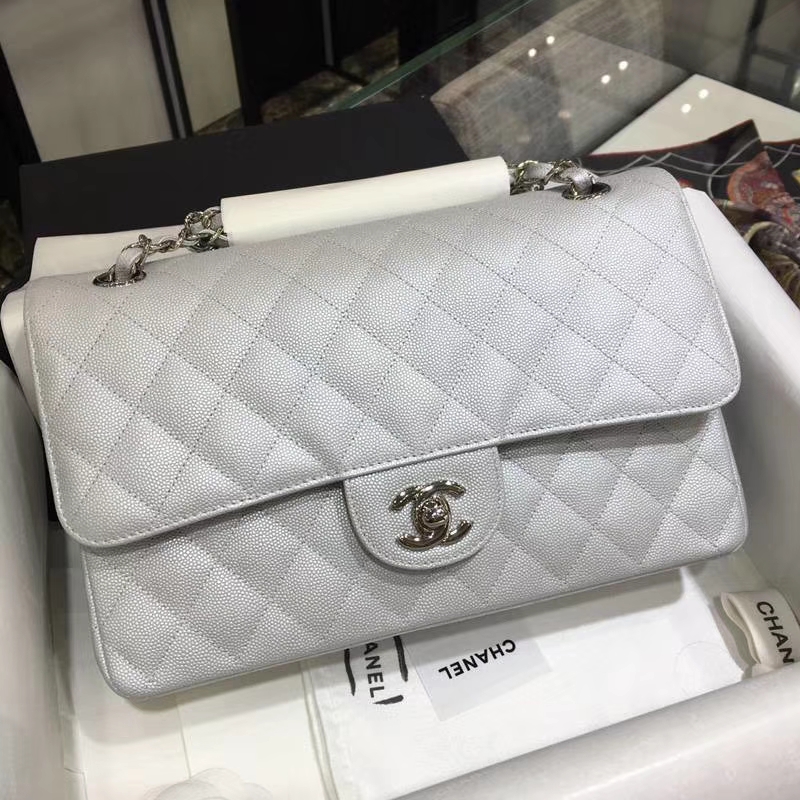 CHANEL 香奈儿 Classic Flap Bag  进口小鱼子酱 25cm 现货 感受细节 感受工艺 银色 银扣