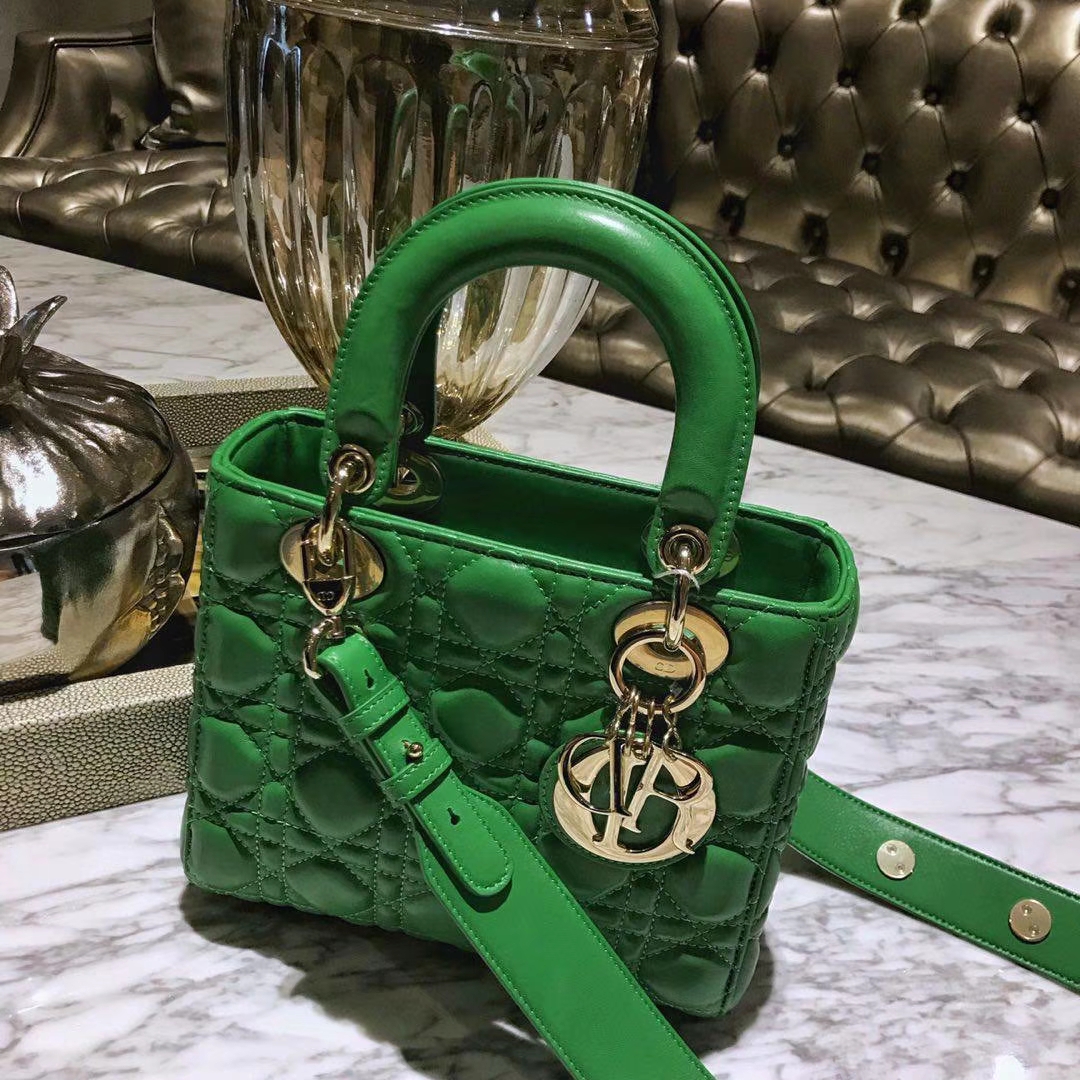Dior 迪奥 四格戴妃包 仙人掌绿 金银扣 进口小羊皮 意大利原厂皮料 20cm 自选徽章款戴妃