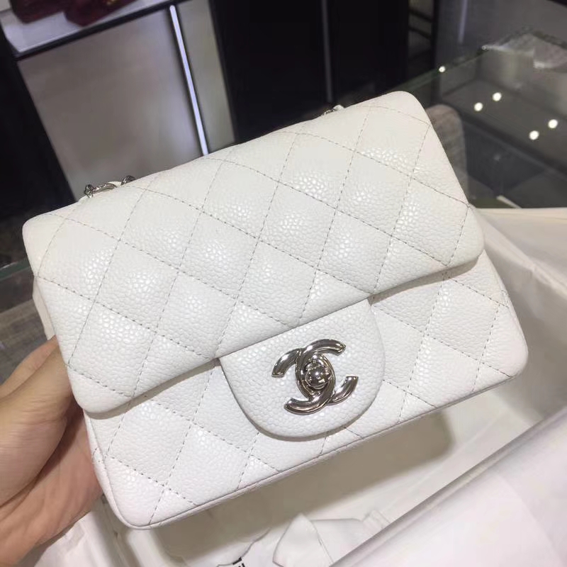 Chanel 香奈儿 CF 经典系列 鱼子酱 白色 17cm 银扣 现货