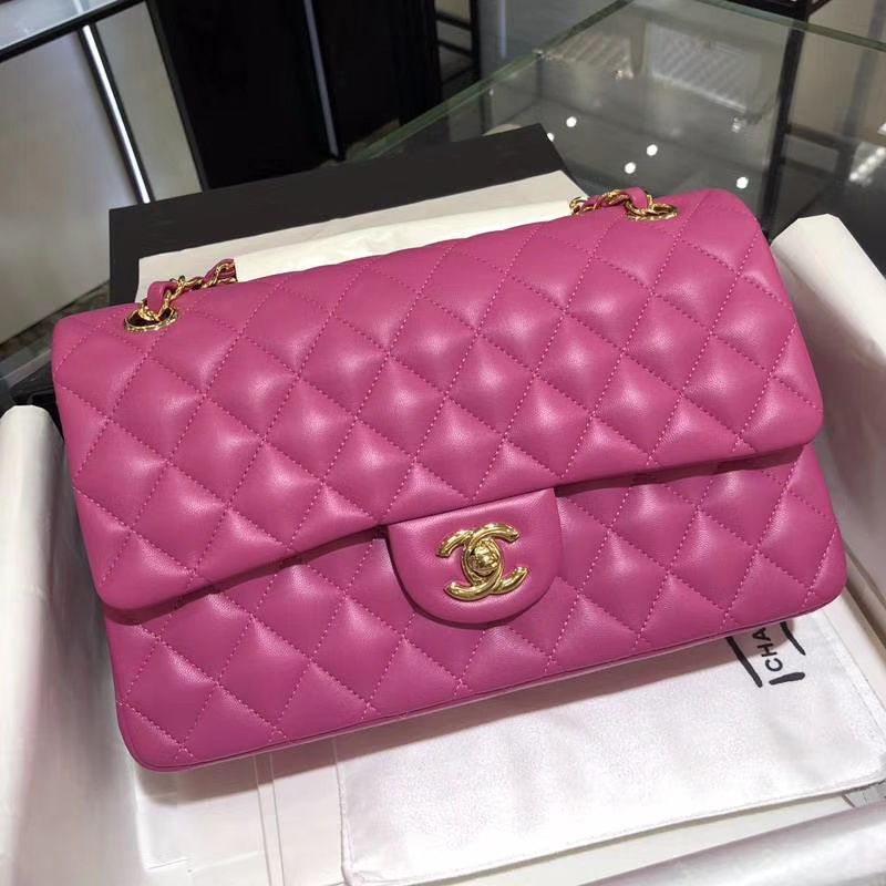 Chanel 香奈儿  Classic Flap  进口小羊皮 25cm 玫红 金扣