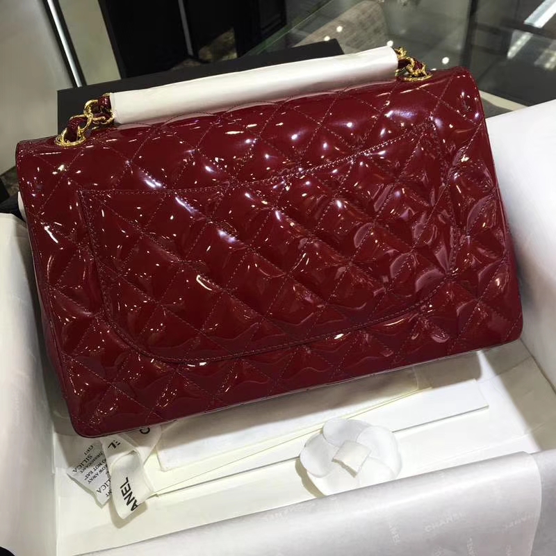 Chanel 香奈儿  Classic Flap  进口漆皮 30cm 酒红 金扣