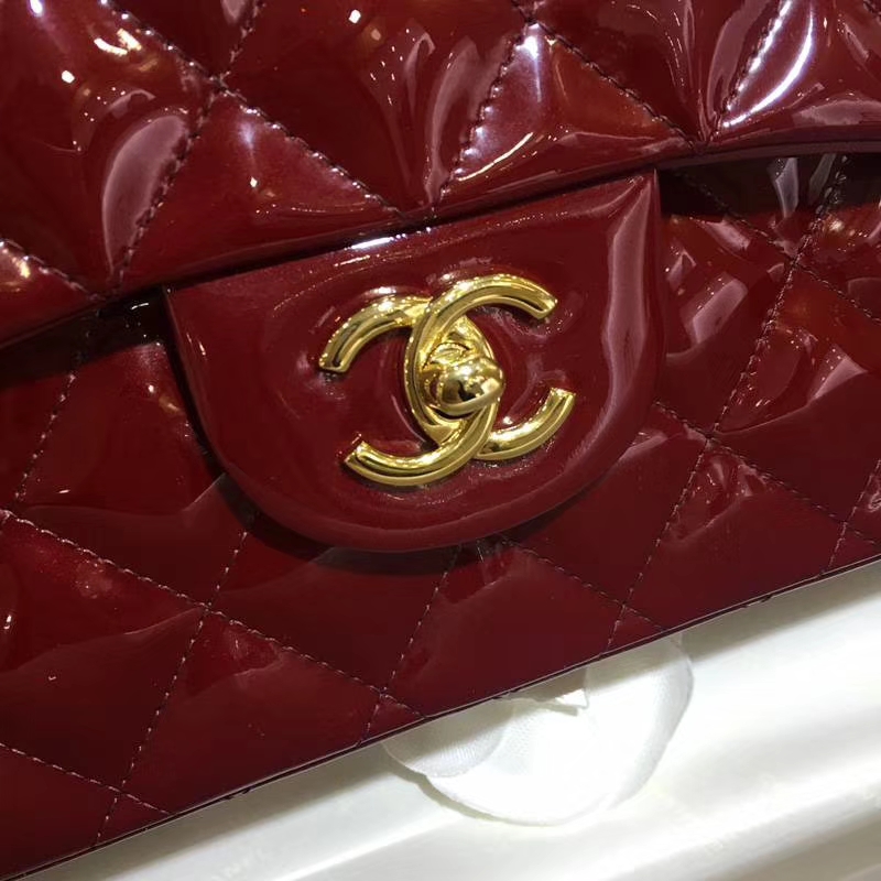 Chanel 香奈儿  Classic Flap  进口漆皮 30cm 酒红 金扣
