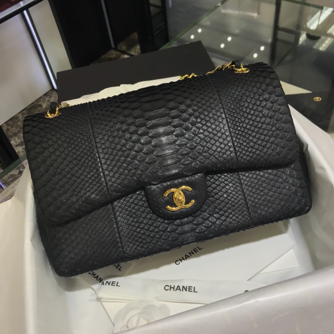 Chanel 香奈儿 CF 经典系列 进口南非蛇皮 黑色 30cm 金扣