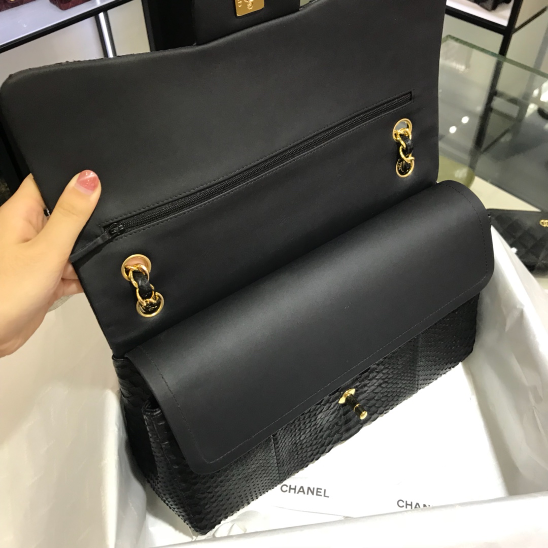 Chanel 香奈儿 CF 经典系列 进口南非蛇皮 黑色 30cm 金扣