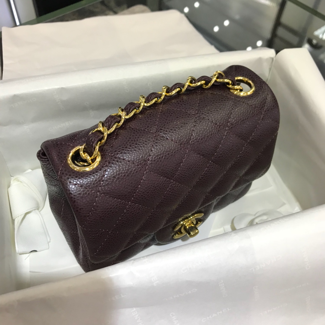 CF 小香 最经典系列 鱼子酱 咖啡色配金色五金 mini方胖子 17cm 现货 