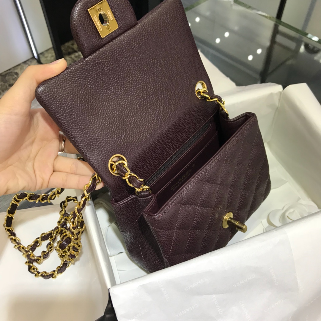 CF 小香 最经典系列 鱼子酱 咖啡色配金色五金 mini方胖子 17cm 现货 