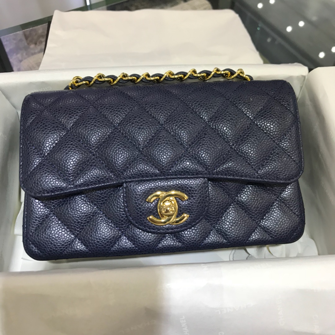 CF 小香最经典系列 鱼子酱 海军蓝配上金色五金 小号20cm 现货 车边款