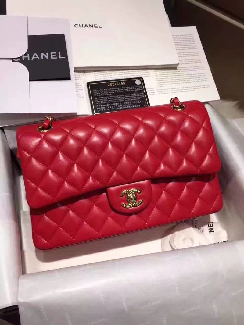 Chanel 香奈儿 cf 羊皮 25cm 大红色 金扣 专柜同步