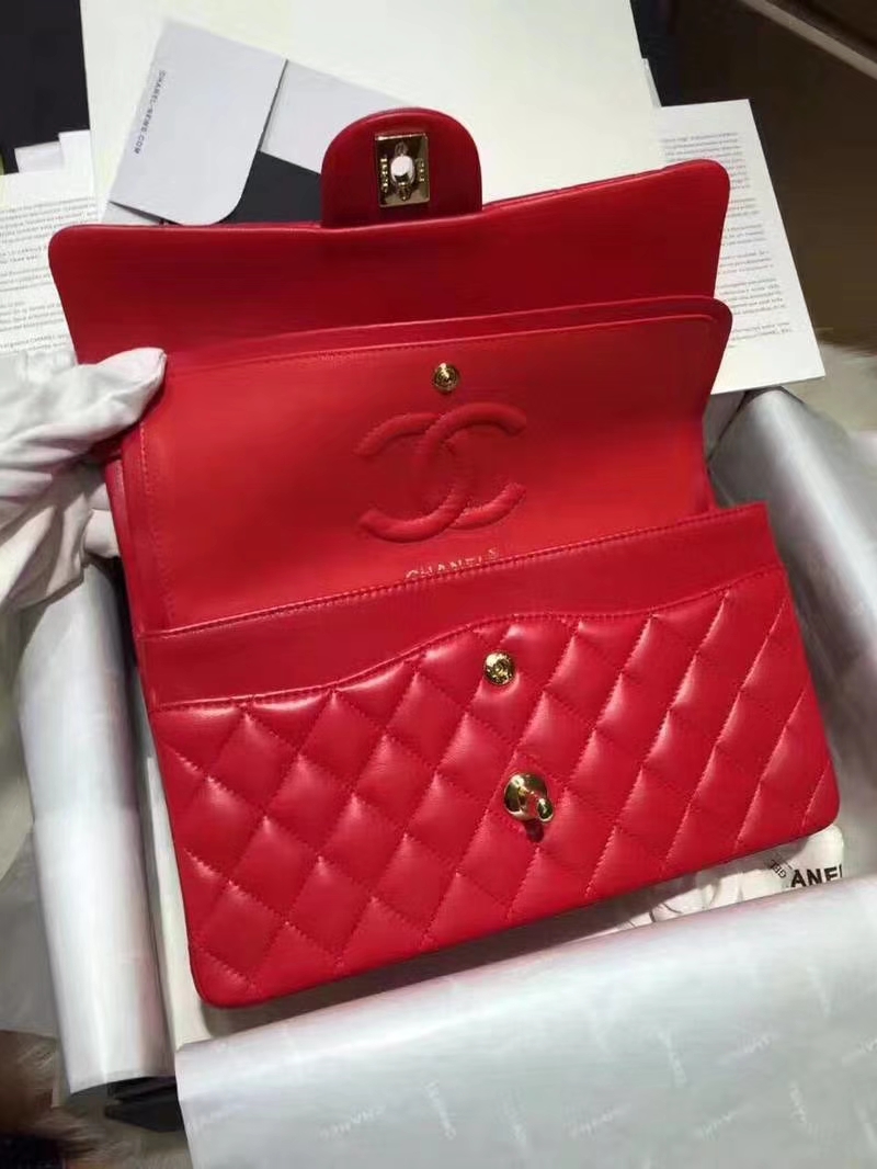 Chanel 香奈儿 cf 羊皮 25cm 大红色 金扣 专柜同步