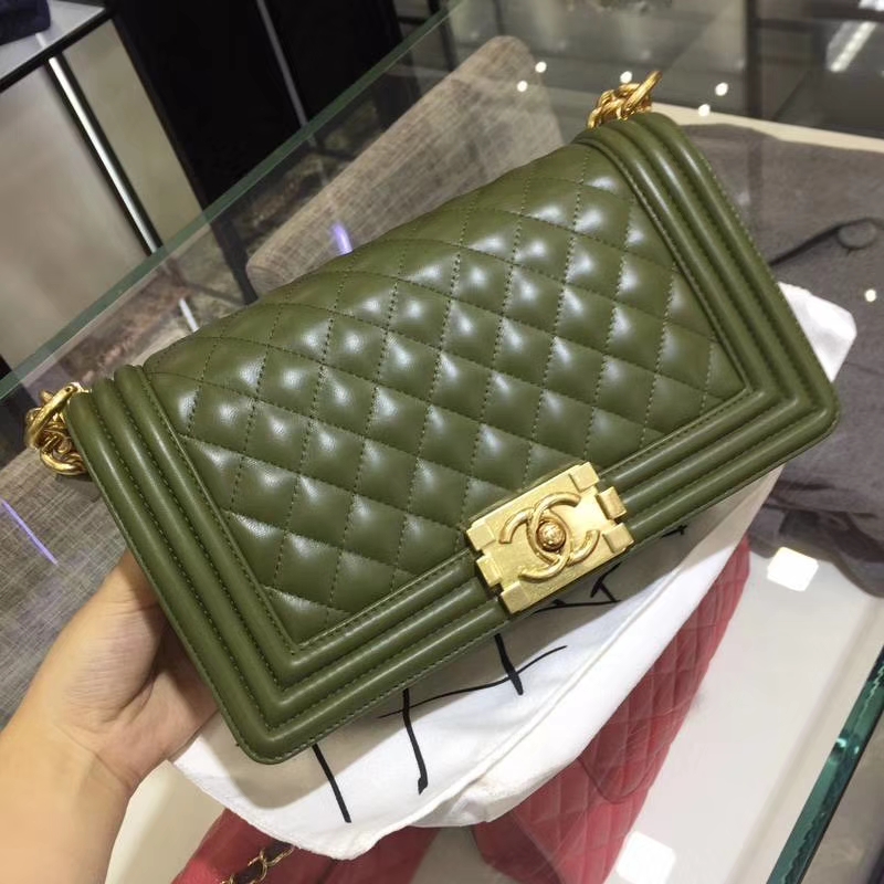 Chanel 香奈儿 leboy 25cm 小羊皮 军绿色 亚金 现货