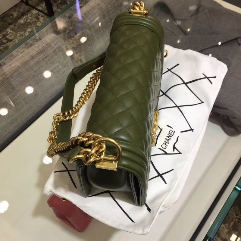 Chanel 香奈儿 leboy 25cm 小羊皮 军绿色 亚金 现货