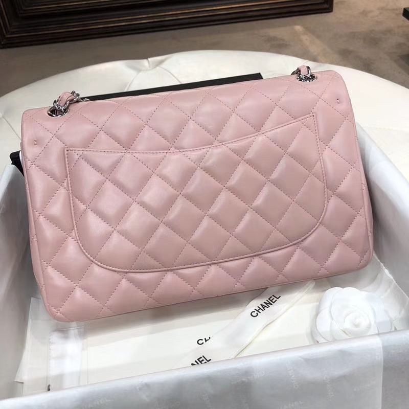 Chanel 香奈儿 Jumbo 小羊皮 浅粉色 银扣 30cm 现货