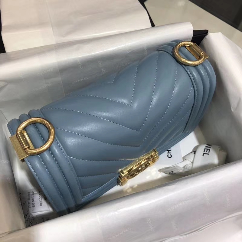Chanel 香奈儿 Leboy Bag 大V款 小羊皮 20cm 雾霾蓝 亚金 现货