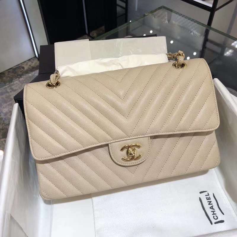 Chanel V字绣 25cm 香槟色 金扣 专柜同步 现货 
