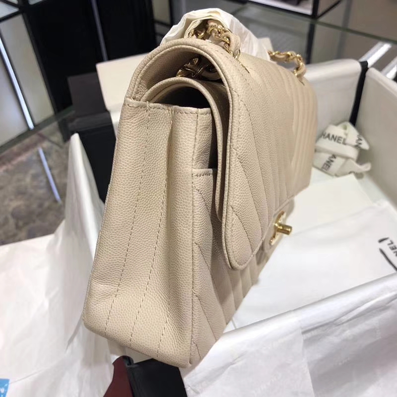 Chanel V字绣 25cm 香槟色 金扣 专柜同步 现货 