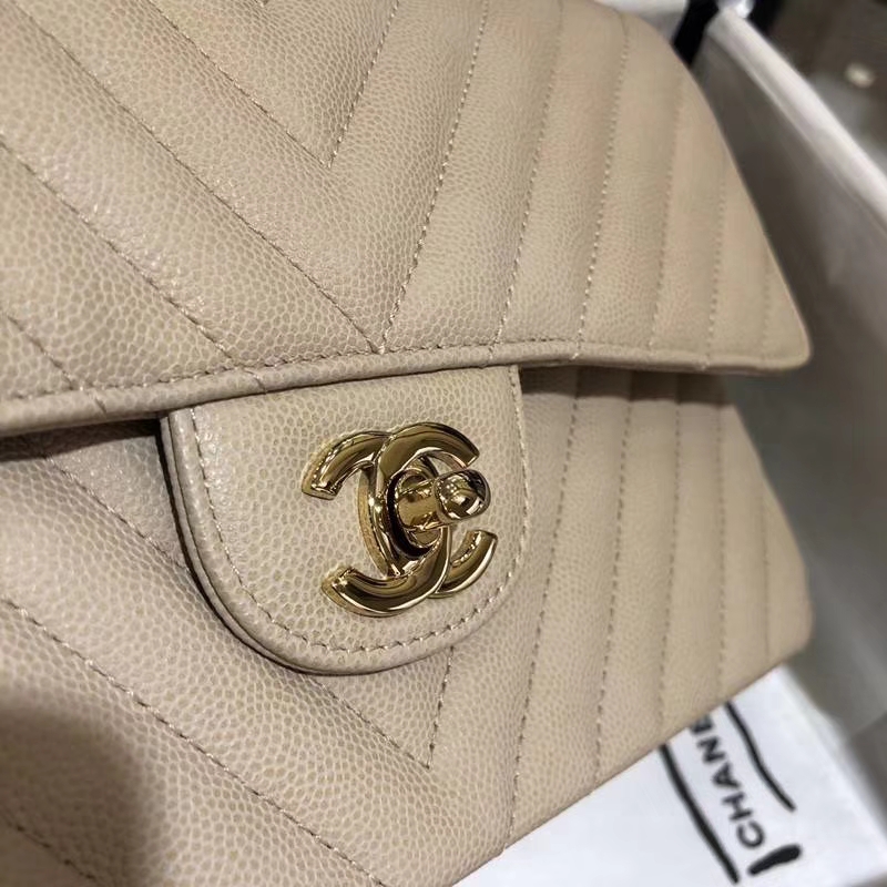 Chanel V字绣 25cm 香槟色 金扣 专柜同步 现货 