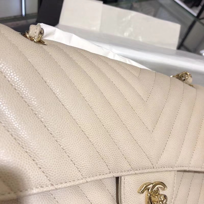 Chanel V字绣 25cm 香槟色 金扣 专柜同步 现货 