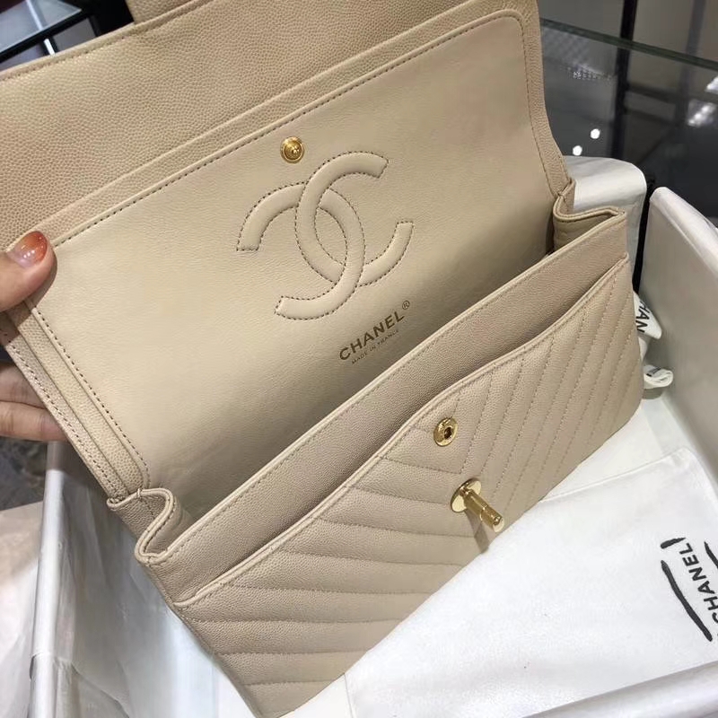 Chanel V字绣 25cm 香槟色 金扣 专柜同步 现货 