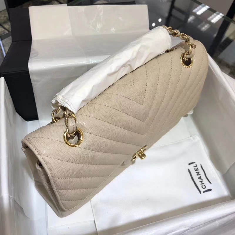 Chanel V字绣 25cm 香槟色 金扣 专柜同步 现货 