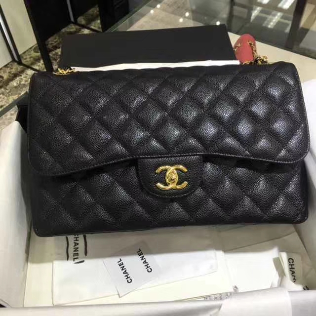 Chanel 香奈儿 Classic Flap Bag  进口鱼子酱 30cm 现货 黑色 金扣