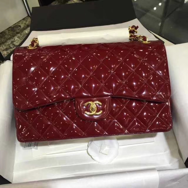 Chanel 香奈儿 Classic Flap Bag  进口漆皮 30cm 酒红色 金扣