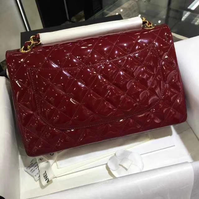 Chanel 香奈儿 Classic Flap Bag  进口漆皮 30cm 酒红色 金扣