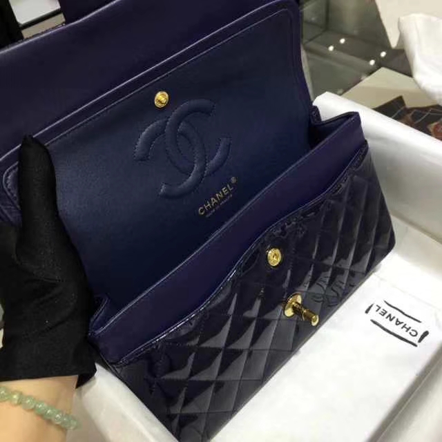 Chanel 香奈儿 Classic Flap Bag  进口漆皮 25cm 海军蓝 金扣