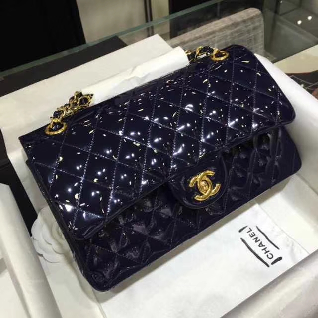 Chanel 香奈儿 Classic Flap Bag  进口漆皮 25cm 海军蓝 金扣