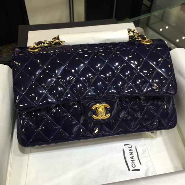 Chanel 香奈儿 Classic Flap Bag  进口漆皮 25cm 海军蓝 金扣
