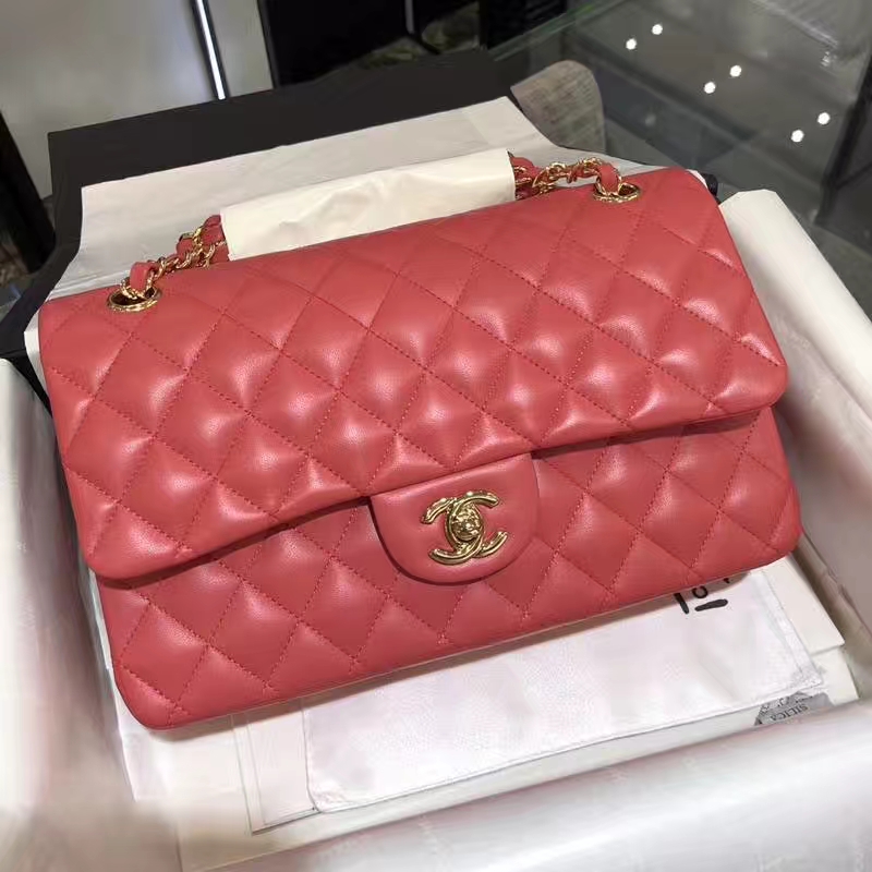 Chanel 香奈儿 Classic Flap Bag 25cm 小羊皮 西瓜红 金扣 纯正品开发 顶级的工艺 进出专柜无压力