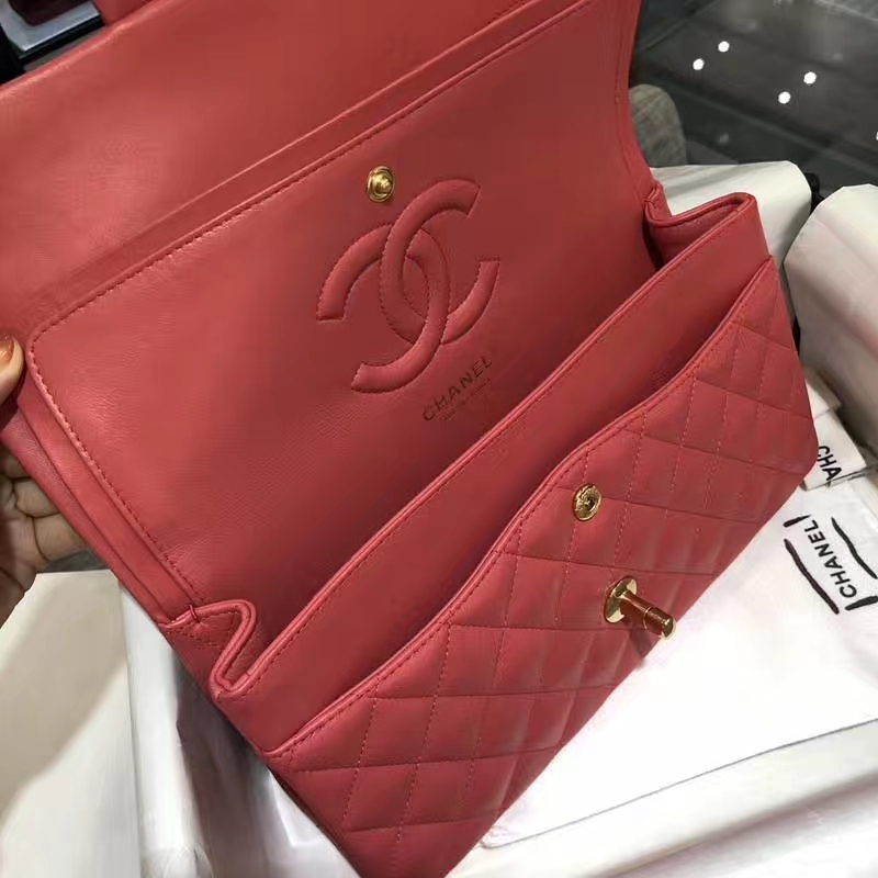 Chanel 香奈儿 Classic Flap Bag 25cm 小羊皮 西瓜红 金扣 纯正品开发 顶级的工艺 进出专柜无压力