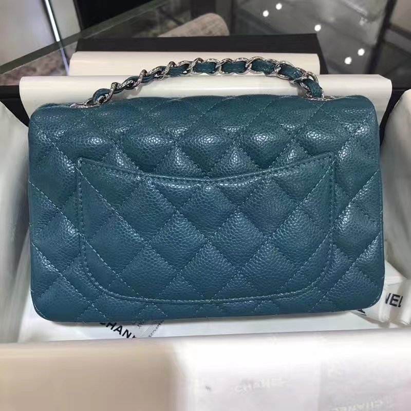 Chanel 香奈儿 Classic Flap Bag 鱼子酱 20cm 孔雀蓝 银扣 进出专柜无压力