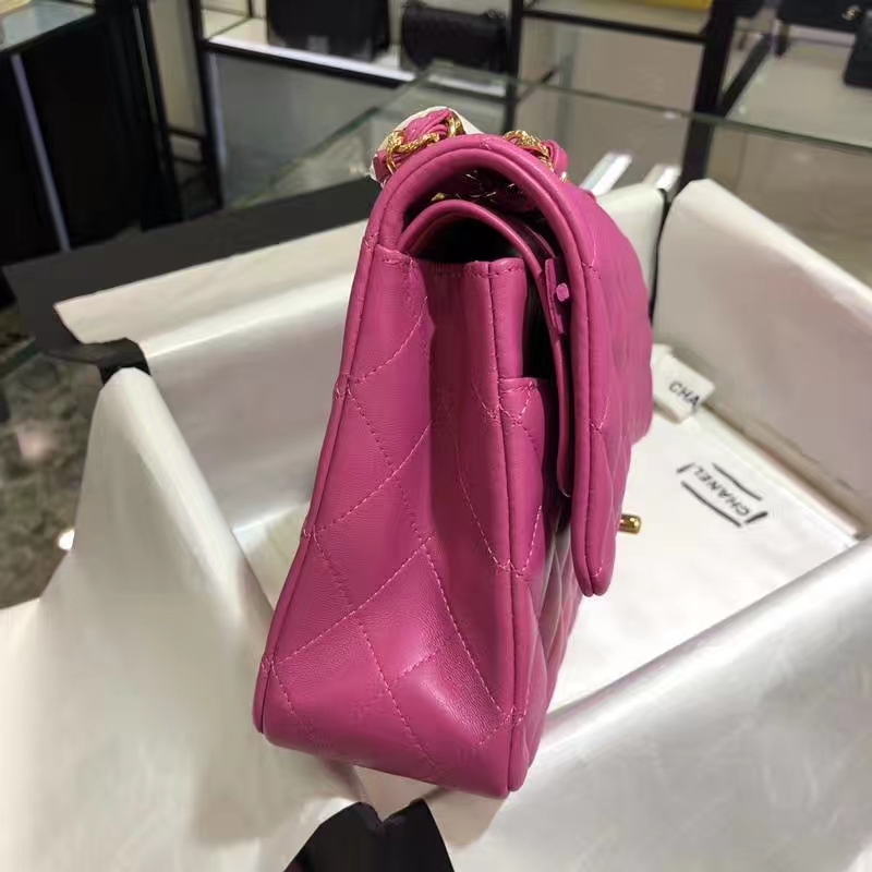 Chanel 香奈儿 Classic Flap Bag 法国进口小羊皮  25cm 梅红色 金扣