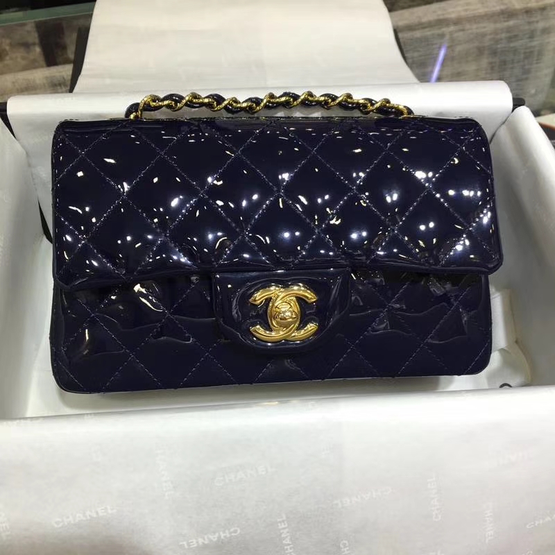 Chanel 香奈儿 Classic Flap Bag  进口漆皮 20cm 海军蓝 金扣