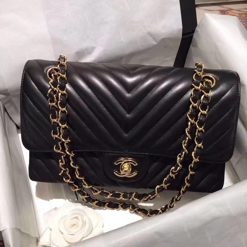 Chanel 香奈儿 Classic Flap V Bag 进口小羊皮 25cm 进出专柜品质 黑色车边款 金扣