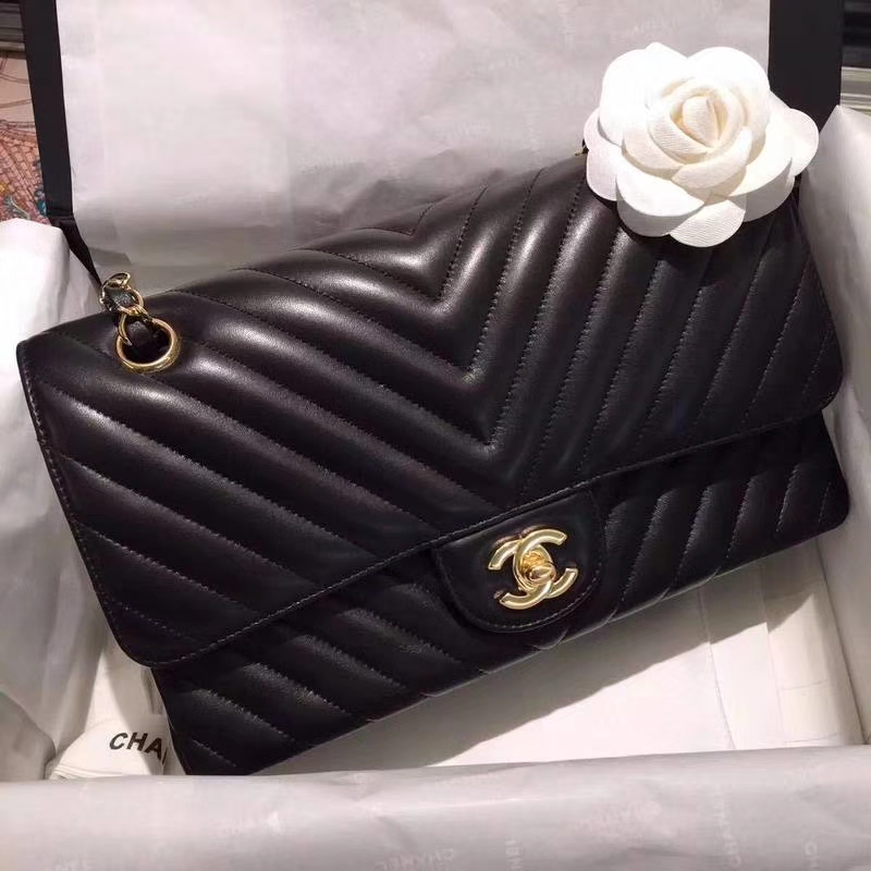 Chanel 香奈儿 Classic Flap V Bag 进口小羊皮 25cm 进出专柜品质 黑色车边款 金扣