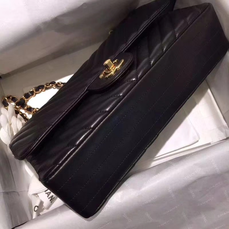 Chanel 香奈儿 Classic Flap V Bag 进口小羊皮 25cm 进出专柜品质 黑色车边款 金扣