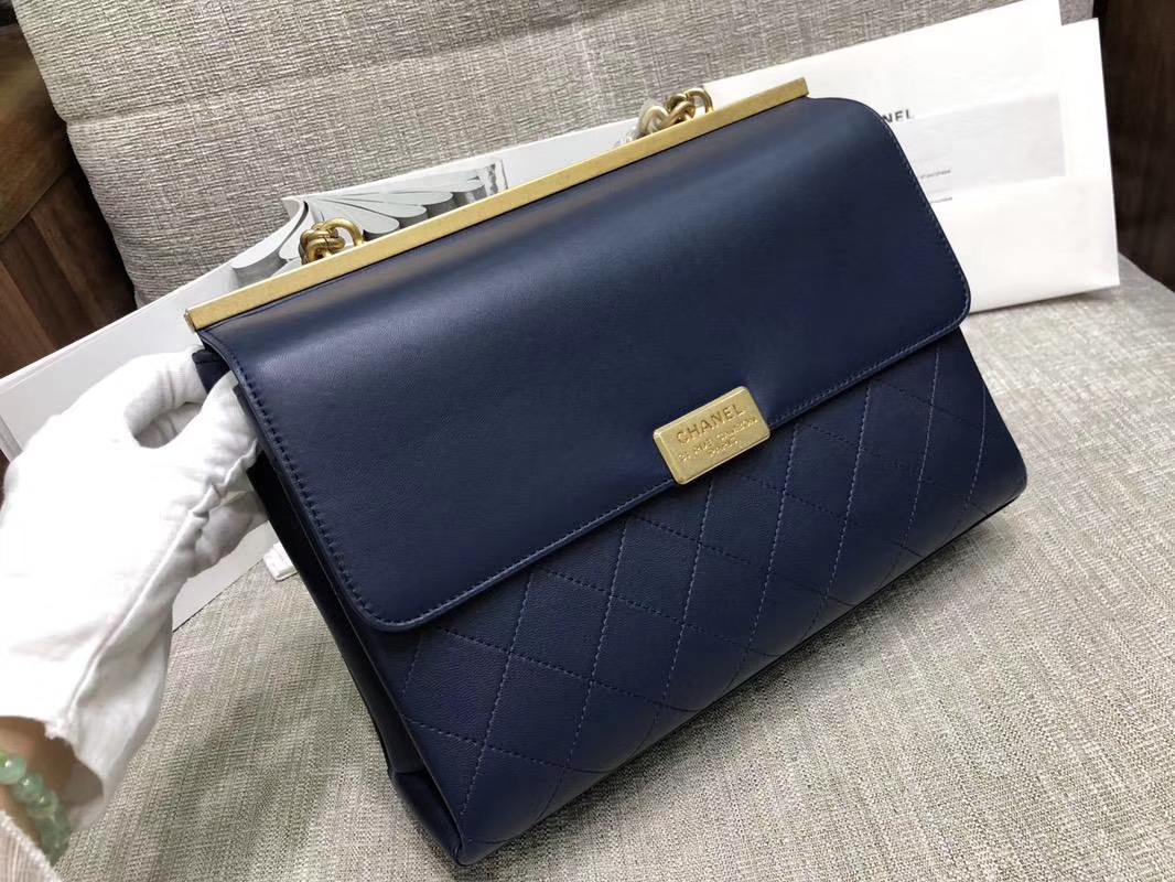 2018年新款口盖包 进口小羊皮 金色金属黄 宝石蓝 28cm