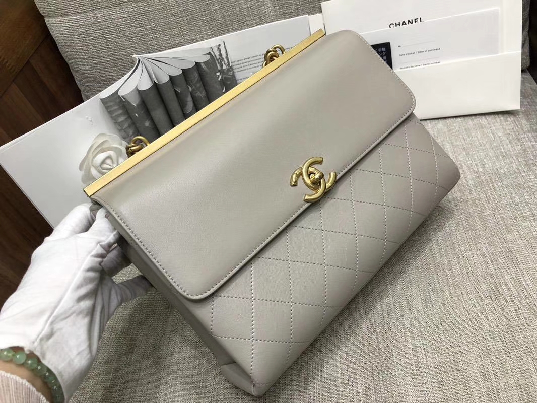 2018年新款口盖包 进口小羊皮 金色金属黄 大象灰 28cm