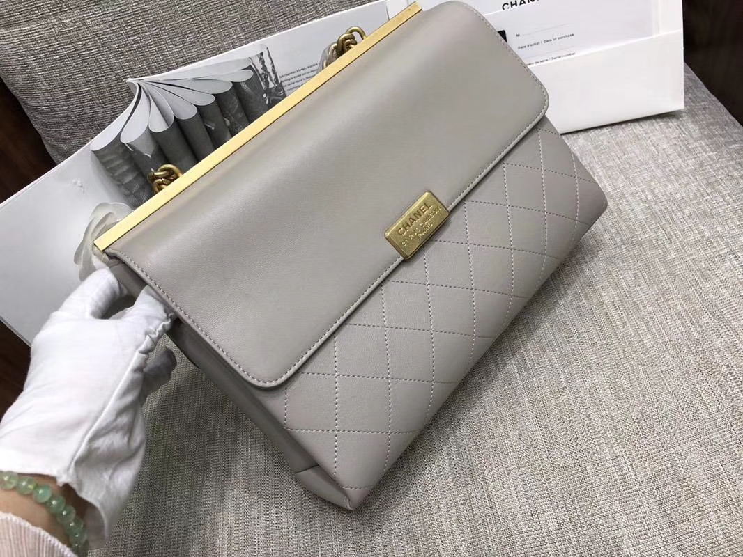 2018年新款口盖包 进口小羊皮 金色金属黄 大象灰 28cm
