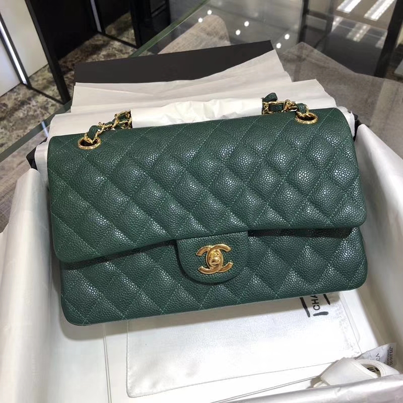 Chanel 香奈儿 Classic Flap Bag 鱼子酱  25cm 孔雀绿 金扣 现货