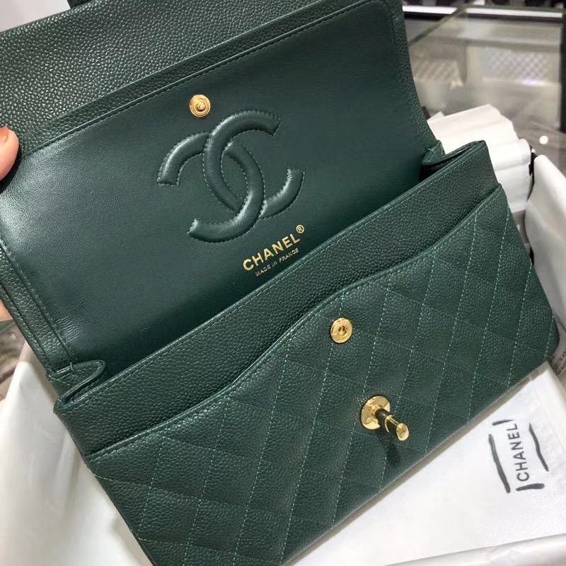 Chanel 香奈儿 Classic Flap Bag 鱼子酱  25cm 孔雀绿 金扣 现货