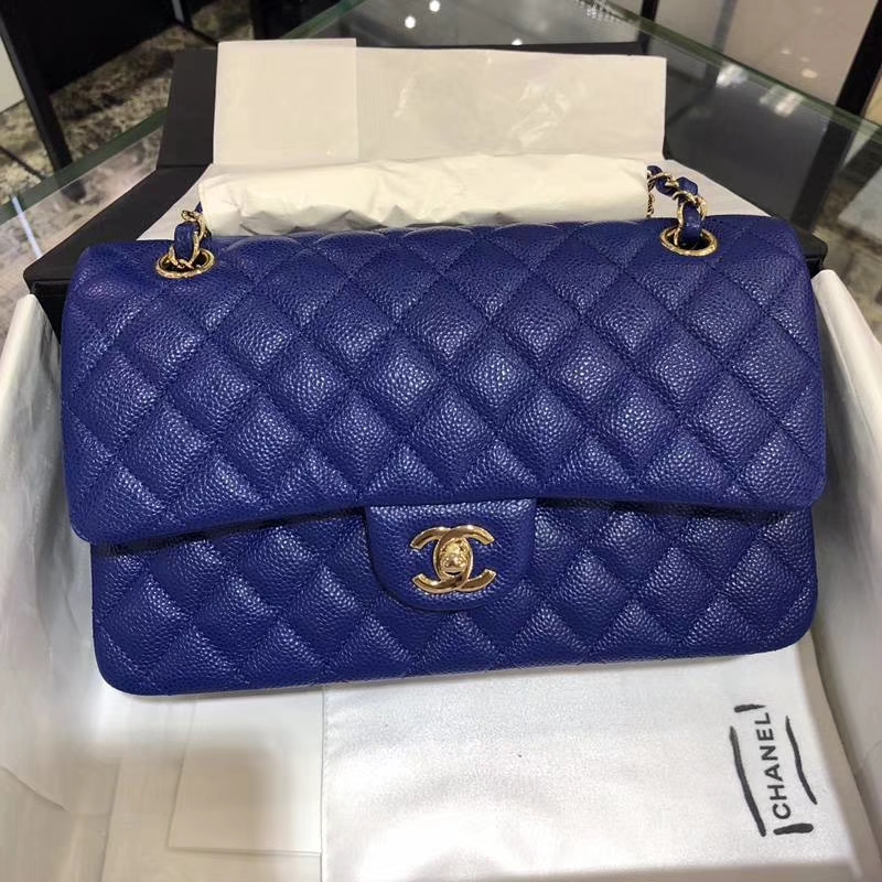 Chanel 香奈儿 CF 经典系列 鱼子酱 电光蓝 25cm 金扣