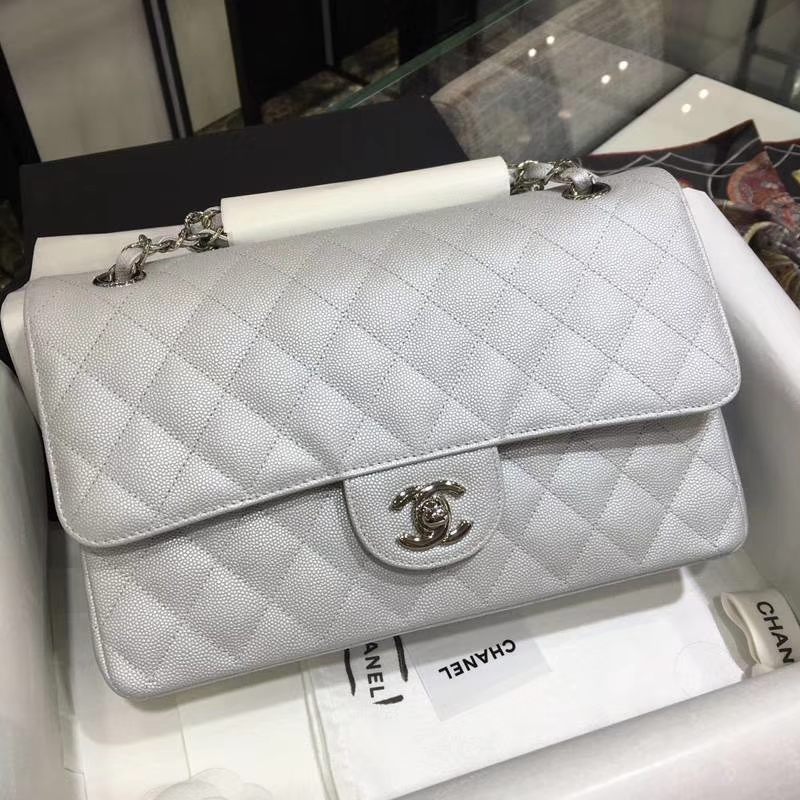 Chanel 香奈儿 CF 经典系列 鱼子酱 银色（车边） 25cm 银扣