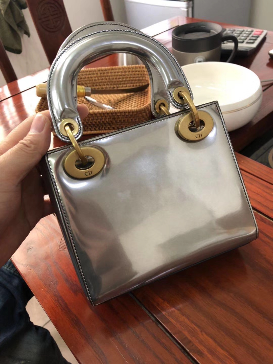 Dior 迪奥 戴妃包 Lady Dior 三格小羊皮戴妃 镜面 金属银色