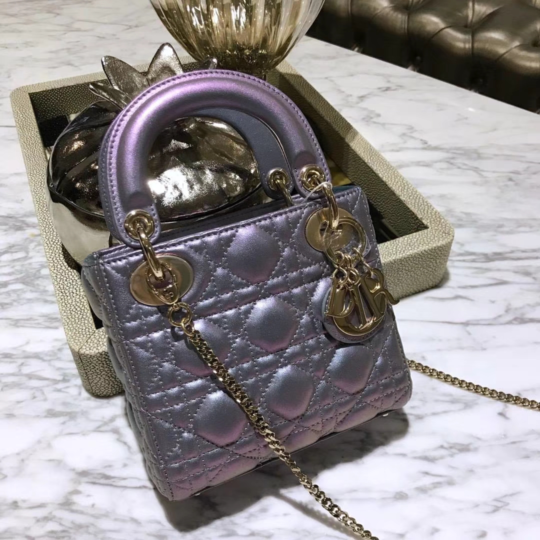 Dior 迪奥 戴妃包 Lady Dior 三格小羊皮戴妃 珠光皮 粉紫色